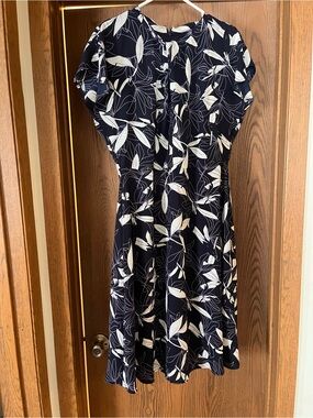 Navy Floral A-Line Dress with Ivory Leaf Print